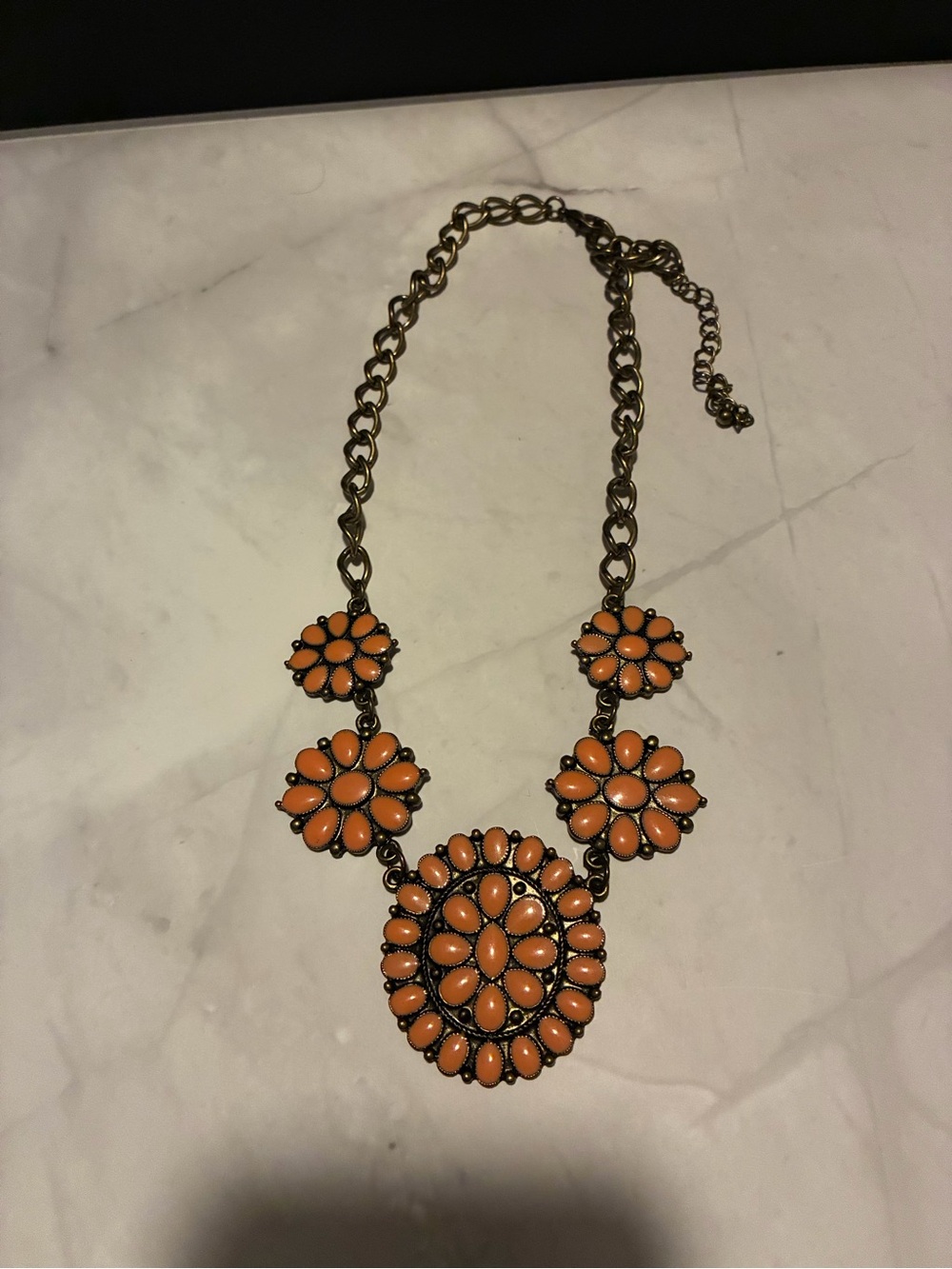 Orange Floral Statement Necklace with Gold Chain